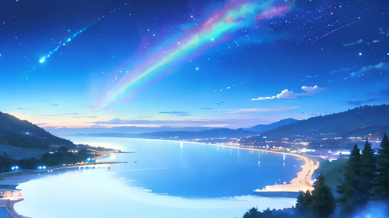 (masterpiece:1.6, Highest quality), (Beautiful, detailed eyes: 1.2), colorful, shinkai makoto, Kimi No Na Wa.,Starry Sky,Riverbank