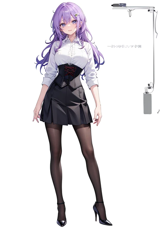 Purple Hair,Long Hair,Adult female,White Y-shirt,((Roll up her sleeves)),(corset),(Black tight skirt),(High heels),((A simple, blank white background)),smile,((full body)),((whole body)),