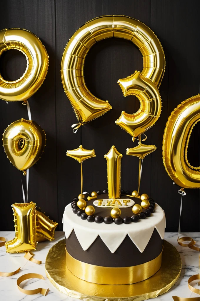 Create a birthday cake with balloons and letters that say Happy Birtday in gold and black