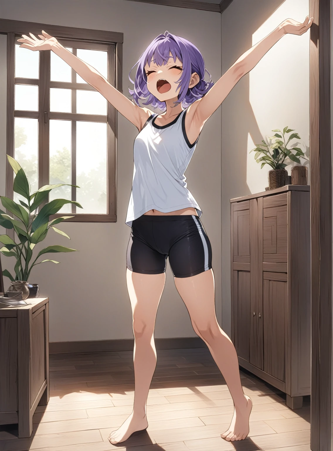 {{Full body view}} {{Artist: Asanagi}} 1girl, Long purple hair, eyes closed, yawning, stretching his arms, tight black sports shorts, white sleeveless t-shirt cut to the navel, Background of a room