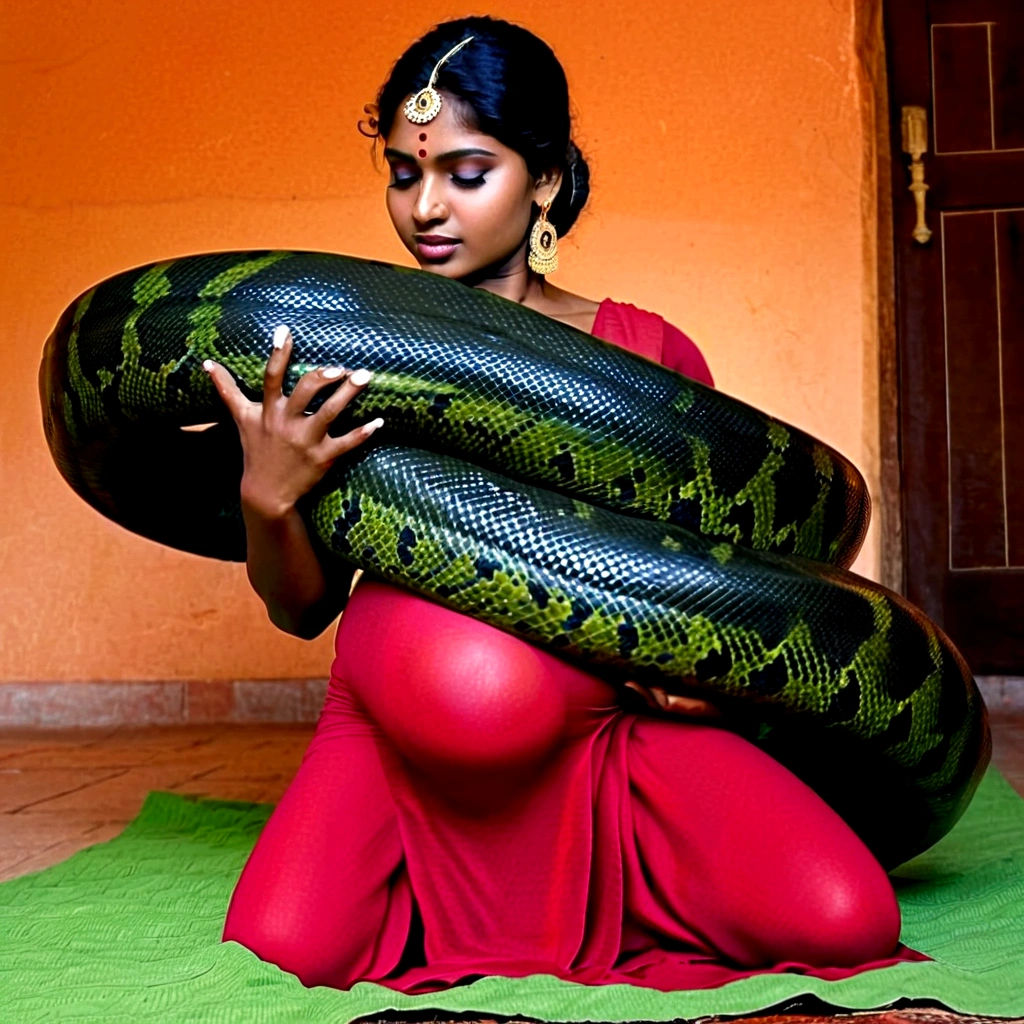   Pregnant Happy Horny, aroused 1girl), beautiful kneeling indian young teen girl  with  giant colossal black titanboa squeezing her hard, wrapped in thick spiraling coils, constricted, struggle, gasping for air, snake attack, snake peril, moonless night, dim light