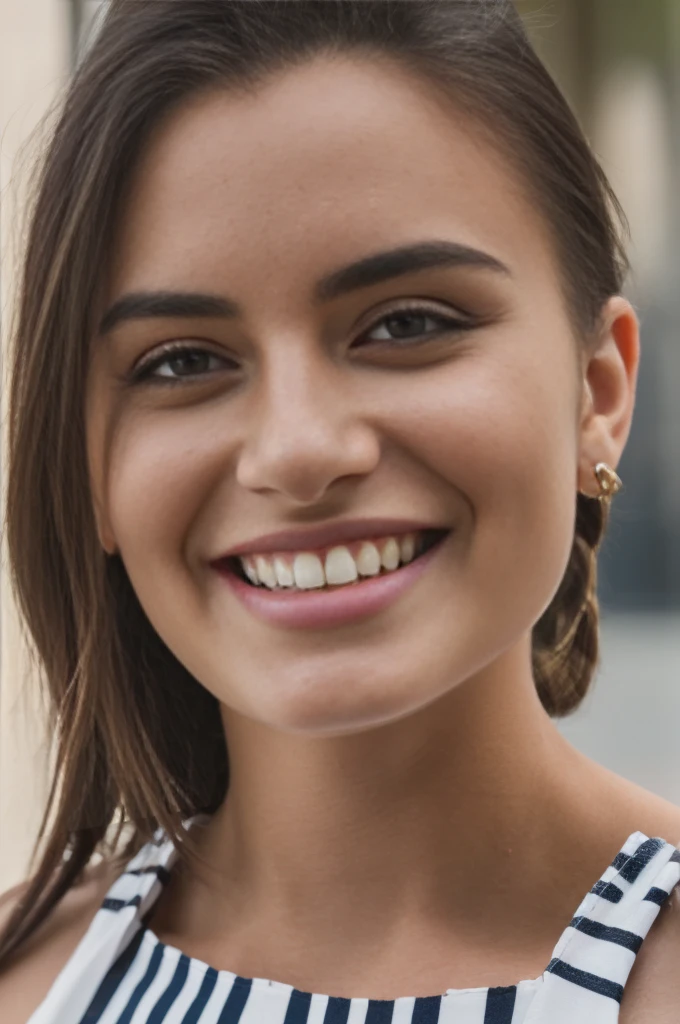 gorgeous, beautiful 21 years old, brunette with white stripes and small braids, closeup portait, face and breasts photograph, hot girl, she's in the city, (((wearing a cute dress))), (((perfect eyes))), she is smiling, perfect teeth, huge breasts, detailed skin, realistic, photo-realistic, 8k sharp focus, highly detailed, full length frame, High detail RAW color art, piercing, diffused soft lighting, shallow depth of field, sharp focus, hyperrealism, cinematic lighting, big smile