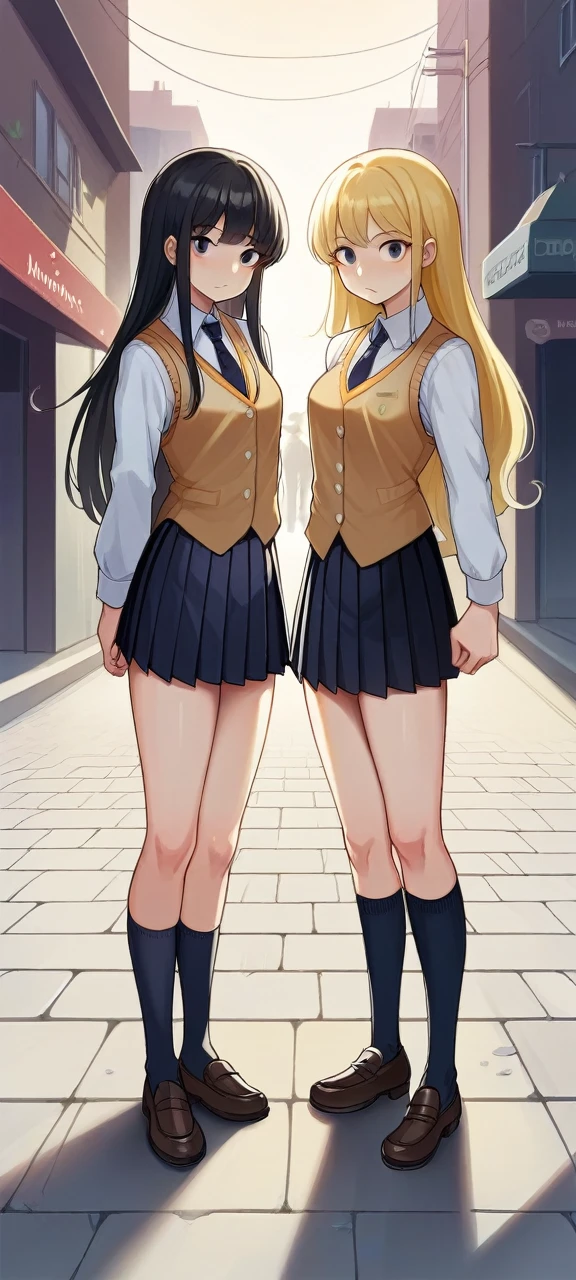 score_9,score_8_up,score_7_up, source_anime, cel shading, duo, ((full body)), ((futanari Japanese highschool girls)), ((Japanese highschool girls uniform)), black skirt, long black hair with blunt bang, blonde hair, expressive, dynamic, thick full red lips, sexy, uncomfortable, horrified, blush, tears, open mouth, huge breasts, sagging breasts, wide hips, thick thighs, detailed background, classroom, (((NSFW))), ((penis expansion with quiver)), futa sudden growth spurt, (((looking down at her own futa horrified in disbelief))), ((futa popping out effects)), penis bulge, (((fetish: penis bulge expansion with erection))), (standing close to each other)