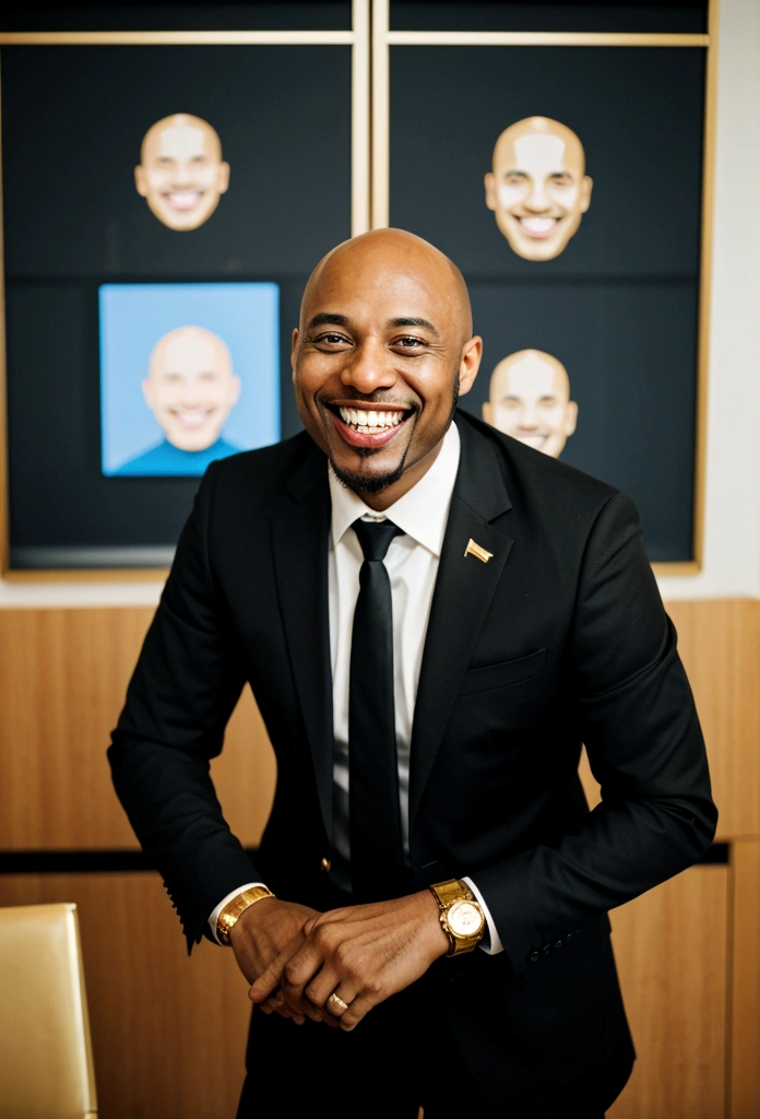 bald black man hip hop executive in suit and tie in large conference room with posters. ((he is smiling with a gold tooth in his mouth:1.2))