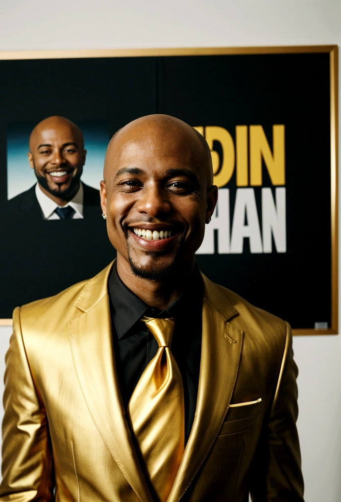 bald black man hip hop executive in suit and tie in large conference room with posters. ((he is smiling with a gold tooth in his mouth:1.2))