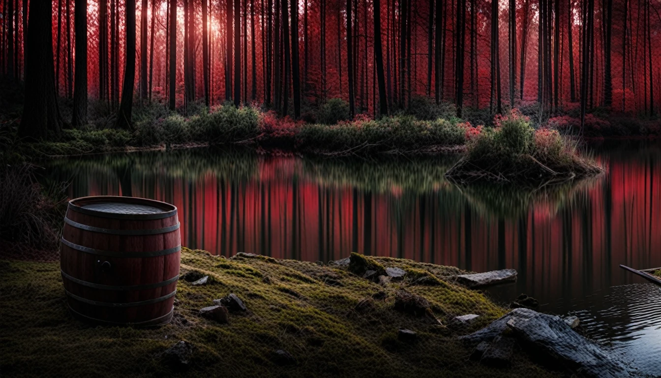 On the left side of the image we have a barrel on the edge of the lake at night that is spilling a dark red liquid. and on the right a forest with a dense and gloomy darkness