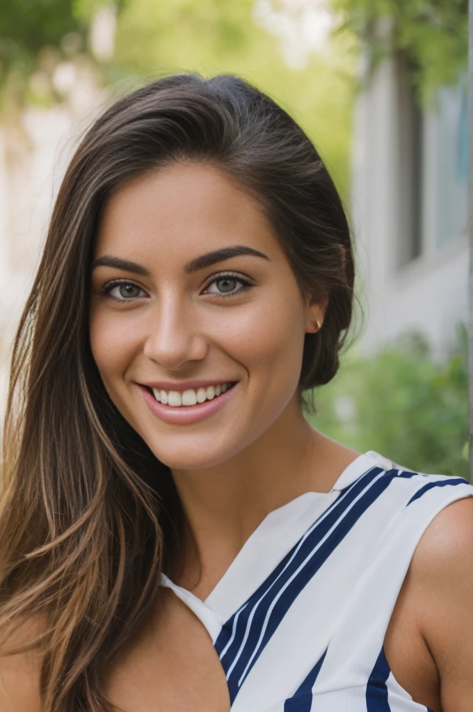 gorgeous, beautiful 21 years old, brunette with white stripes and small braids, closeup portait, face and breasts photograph, hot girl, she's in the city, (((wearing a cute dress))), (((perfect eyes))), she is smiling, perfect teeth, huge breasts, detailed skin, realistic, photo-realistic, 8k sharp focus, highly detailed, full length frame, High detail RAW color art, piercing, diffused soft lighting, shallow depth of field, sharp focus, hyperrealism, cinematic lighting, big smile