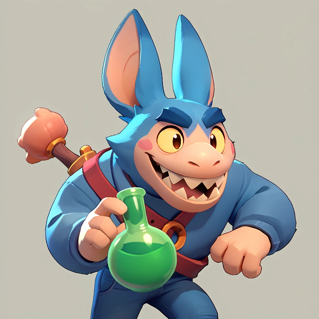 a round creature with blue fur, male, long ears, smiling, sharp teeth, wearing jeans, friendly round creature, holding a green potion in his hand