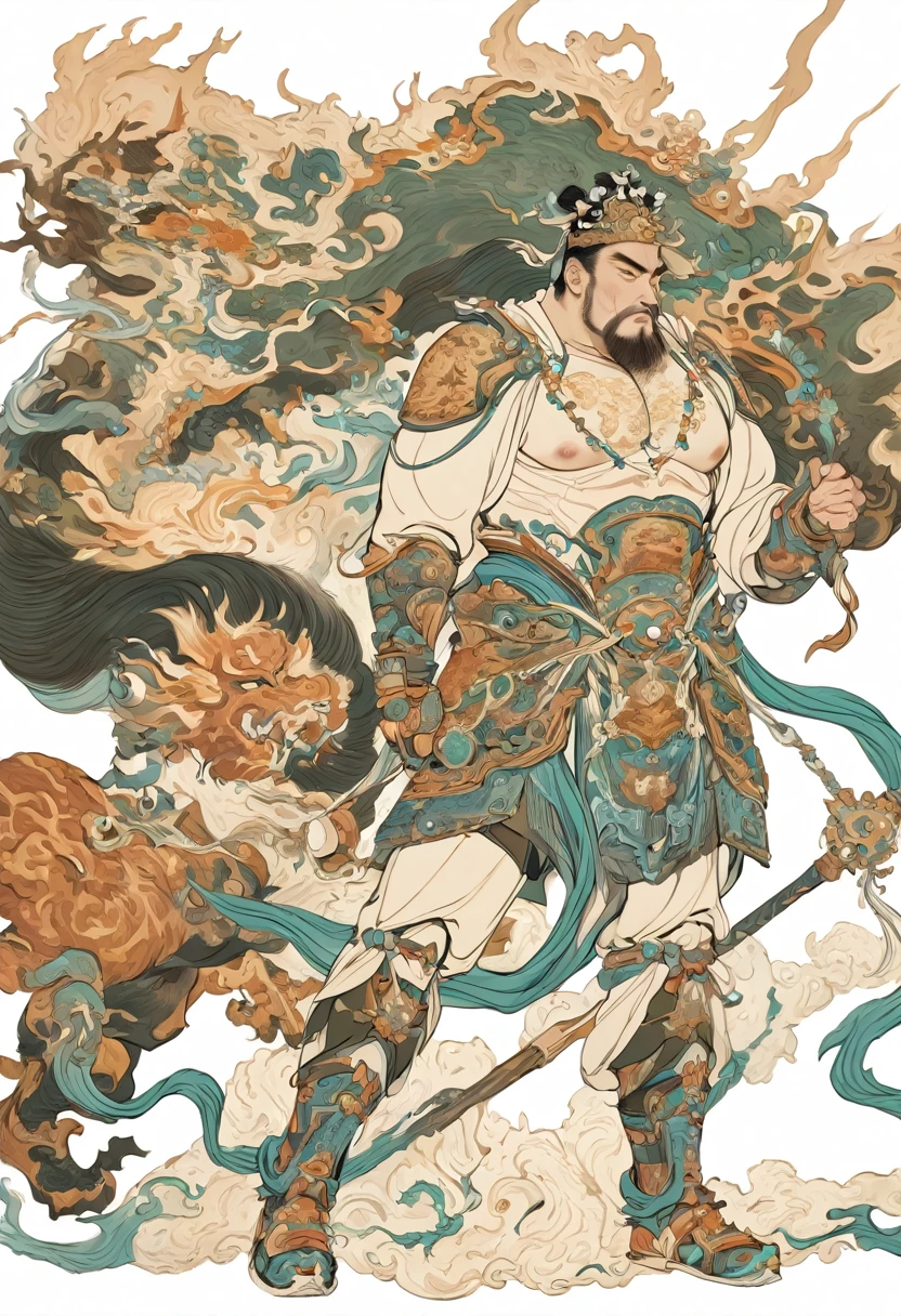 (masterpiece, best quality:1.2), bite_style,1 person,White background,handsome strong young man,topless,Wearing many Chinese jewelry and decorations,armor,manly,Sexy