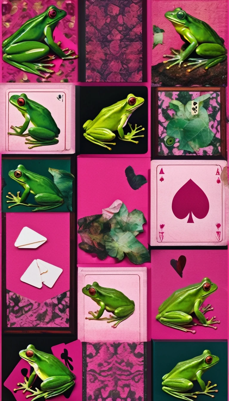 collage with frogs, play cards, pink elements, deep colors