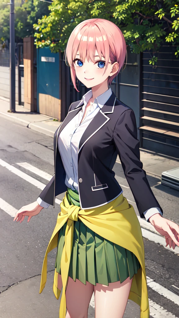 masterpiece, best quality, highres, aaichika, short hair, white shirt, collared shirt, black jacket, blazer, open jacket, long sleeves, clothes around waist, green skirt, pleated skirt, cowboy shot, standing, outdoors, smile,