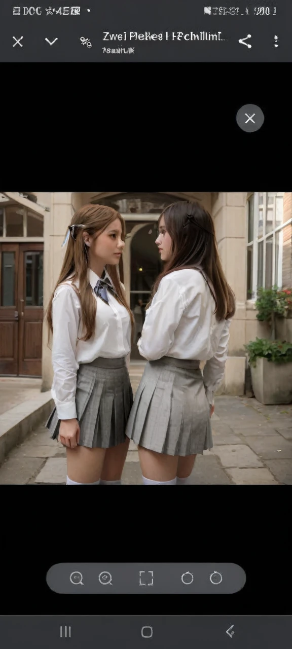 2 girls in, Two girls, opposite each other in a courtyard, High-School-Uniformen, (all girls have the same uniform: 1.8), (A girl has blonde hair & another has black hair: 1.1), grau , (pleated Rock: 2), (Grau Rock: 1.3), (White blouse: 1.25), vest degree, white button, knee socks, White shirt, Low shoes, realisti, Long hair, Socks, necktie, Rock, jk the book, you can see a little breast through the blouse, the nipples are visible through the blouse, the one ass is a little emphasized, you can see a little bit of the thong on both, it also shimmers a little through the skirt, also slightly the red/black bra visible, Full body, stand back, zoomed out, 50mm, Nikon, F5.2, natural light, 8K, high-detailed, Maximum quality,