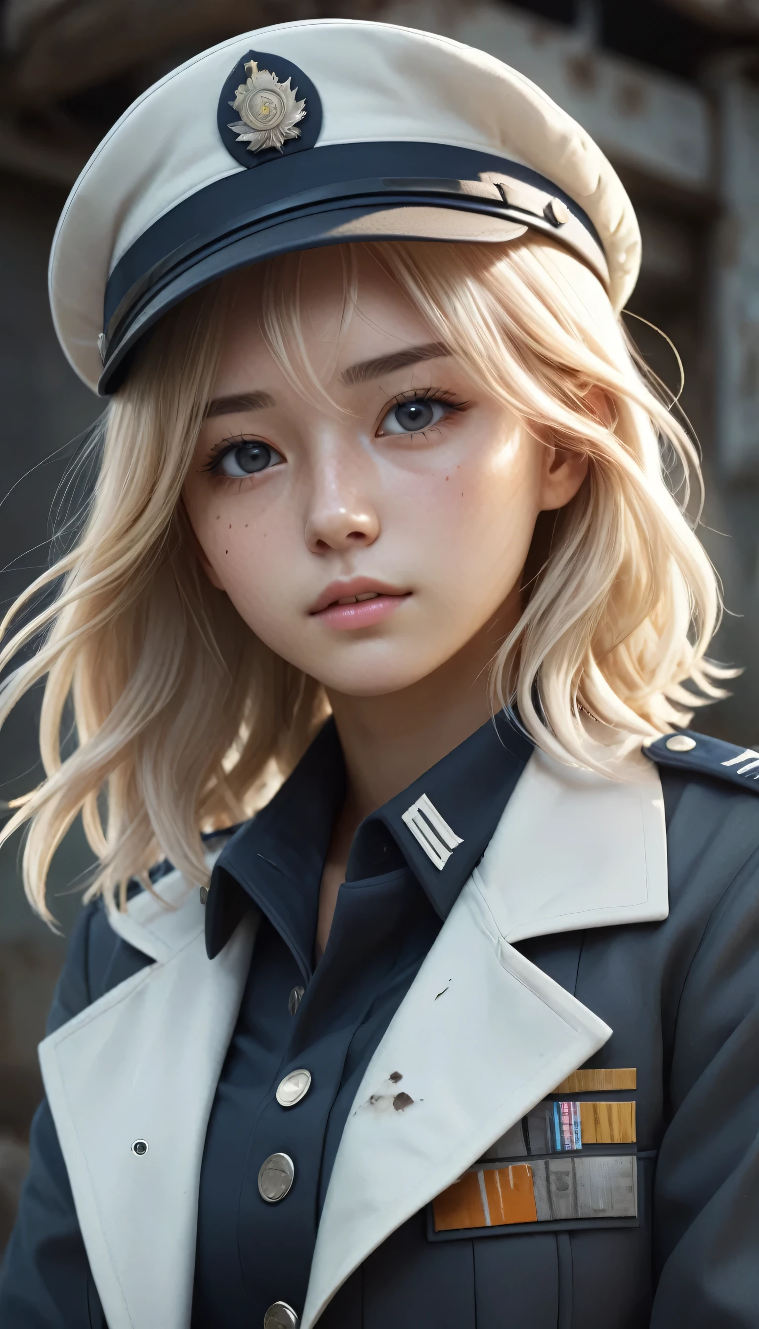 Destroyed towns, girl , anime girls , Full body composition of girl with messy bright blonde hair, eye make up, 18 year old, Soft lighting, Solo,
Old torn dirty shabby futuristic military uniform, badges, Pose, Blotch color, Octane Render, Hyperrealistic intricate detail, Cinematic, 8K resolution, 70mm,
Accent Lighting, Global Illumination, Full body portrait, clean detailed faces, a short bob,intricate clothing, Cute face, flat chest, Slim waist, Slim legs, small hips,Caucasian officer's suit,White Officer's Cap,long coat,
