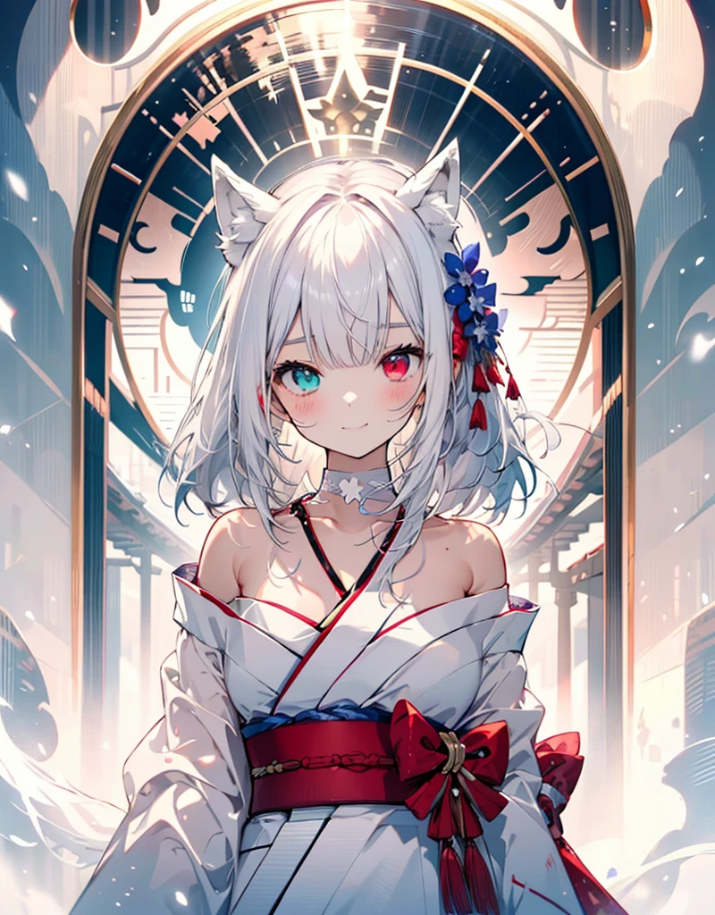 [[[ ultra-detailed, best quality, soft skin, beautiful, 4K]]] white hair, ((white fox ears)),((neko ears)), perfect blue and red eyes (heterochromia, tied-up hair, slender body, dynamic angle, white choker, white and blue upper loose kimono (off shoulders kimono ) , white fox ears, calm expression, female, snowy palace gardens background, serious). walking angle, ((little horny smile)), bare shoulders,  easy like, scenery, 