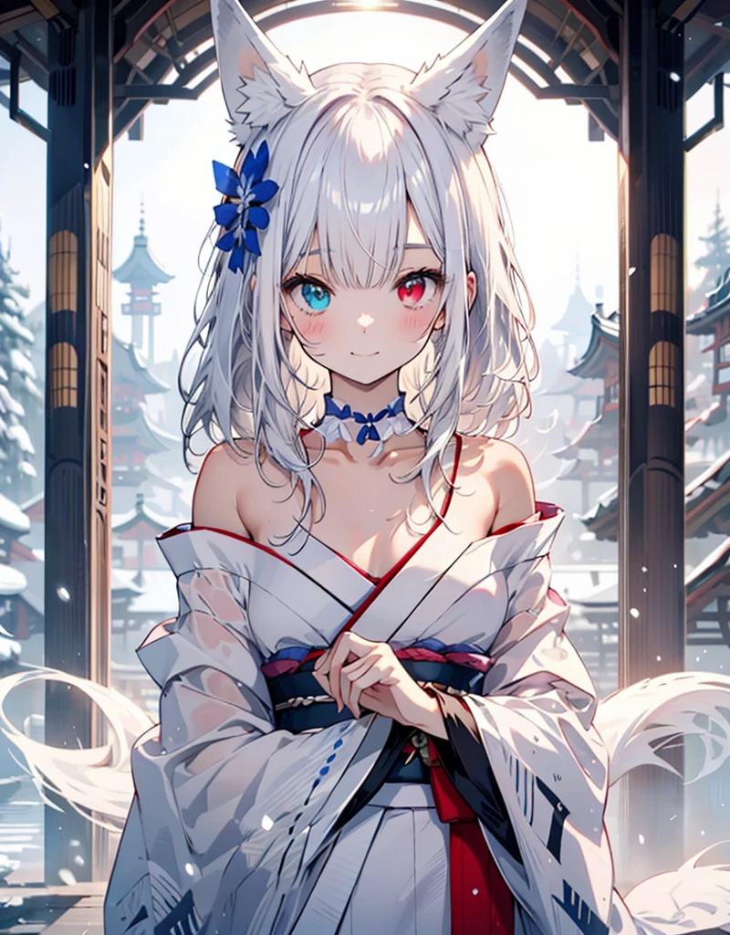 [[[ ultra-detailed, best quality, soft skin, beautiful, 4K]]] white hair, ((white fox ears)),((neko ears)), perfect blue and red eyes (heterochromia, tied-up hair, slender body, dynamic angle, white choker, white and blue upper loose kimono (off shoulders kimono ) , white fox ears, calm expression, female, snowy palace gardens background, serious). walking angle, ((little horny smile)), bare shoulders,  easy like, scenery, 