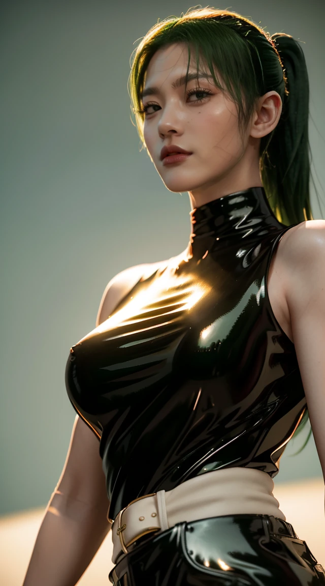 best quality, masterpiece, 1girl, (solo:1.1), raytracing, ultra detailed,detailed face, 8k wallpaper, aesthetic background, thin hips, ZeninMakiNDV, 1girl, green hair, yellow eyes, large breast, belt.
