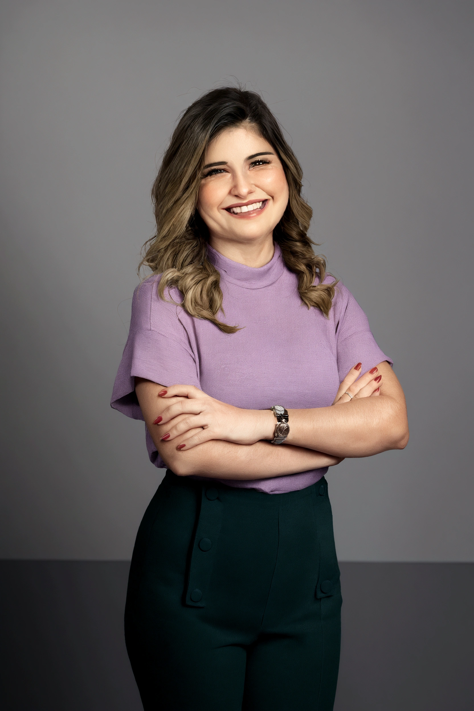 smiling woman in purple shirt and green pants with arms crossed, fernanda suarez, Julia Fontes, by Almeida Júnior, Caroline Gariba, valentine shuffle, olivia de bernardinis, lorena avarez, by Verónica Ruiz de Velasco, powder Nándor Katona, malika favre, carola rubio