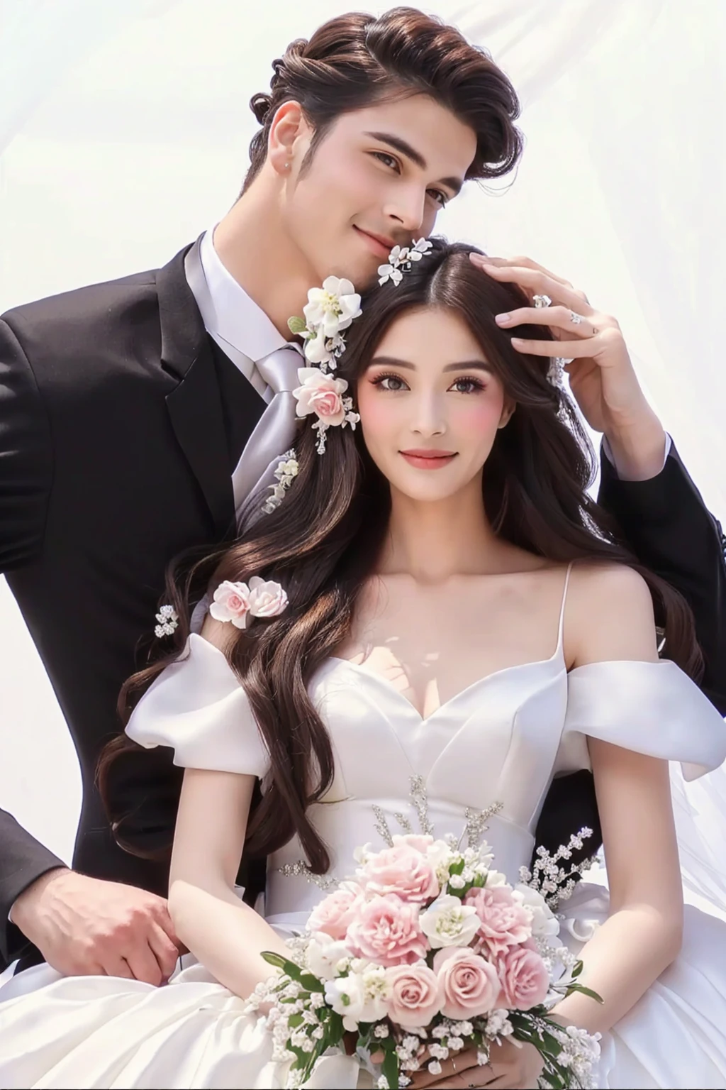 Beautifull couple in wedding dress with flowers in hair and groom, romanticism, lovely couple,