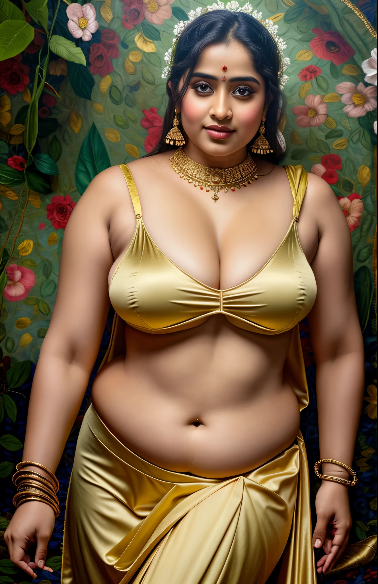 Looks like Jannat Zubair, Beautiful Indian Woman, wearing saree, sari Beauty, gorgeous, curvy, sexy navel folds, Apsara, Maharani, royal queen woman, nymph from Hindu Mythology, Urvashi, matchless beauty, Highly detailed, Oil Painting by Peter Paul Rubens inspired by Raja Ravi Varma, Matchless beauty, captivating, gorgeous, heavenly beauty, celestial beauty, by Peter Paul Rubens, 13, realistic, hyper realistic, micro details, incredible artwork, insane details, ultra High resolution, 8k, 32k, acrylic on canvas, intricate, flawless, detailed, detailed face, detailed eyes, masterpiece, by Peter Paul Rubens, by Caravaggio, by William Adolphe bouguereau, perfect face, perfect body, beautiful art, realism, baroque, renaissance Art, highly textured, beautiful and detailed eyes, uhd, best quality,
