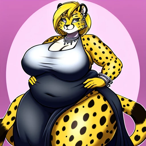 35-year old female, white shirt, hirsute, golden yellow hair, cheetah furry, Female cheetah, fat, fat belly, fat thighs, fat arms, lovehandles, big breasts, silver eyes, golden yellow fur, black cheetah markings, silver dress, silver earrings, silver bracelets, silver rings, silver necklaces, solo, no hair