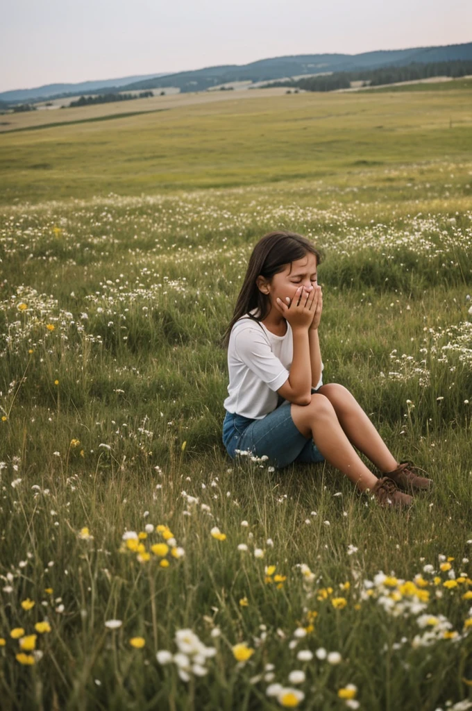 A girl crying in a meadow because her parents are abandoning her while they make a new family