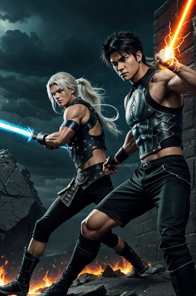 Generate an image of two male anime characters engaged in a fierce and dynamic fight. Both characters should have intense expressions, showing determination and power. The background should be a dramatic, stormy sky with lightning flashes. Character 1: Tall, muscular build, with short black spiky hair, wearing a tattered black sleeveless shirt and dark pants, glowing red eyes, and a fierce, aggressive fighting stance. Character 2: Lean but toned build, with long white hair tied back in a ponytail, wearing a blue and silver armor with glowing runes, green eyes filled with focused determination, and wielding a large, crackling energy sword. The scene should be action-packed, with debris and energy waves indicating the intensity of the battle
