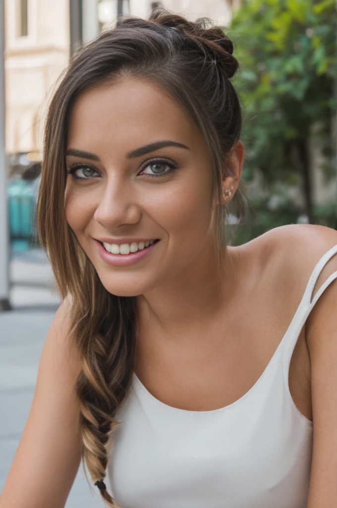 gorgeous, beautiful 21 years old, brunette with white stripes and small braids, closeup portait, face and breasts photograph, hot girl, she's in the city, (((wearing a cute dress))), (((perfect eyes))), she is smiling, perfect teeth, huge breasts, E cup size, detailed skin, realistic, photo-realistic, 8k sharp focus, highly detailed, full length frame, High detail RAW color art, piercing, diffused soft lighting, shallow depth of field, sharp focus, hyperrealism, cinematic lighting, big smile