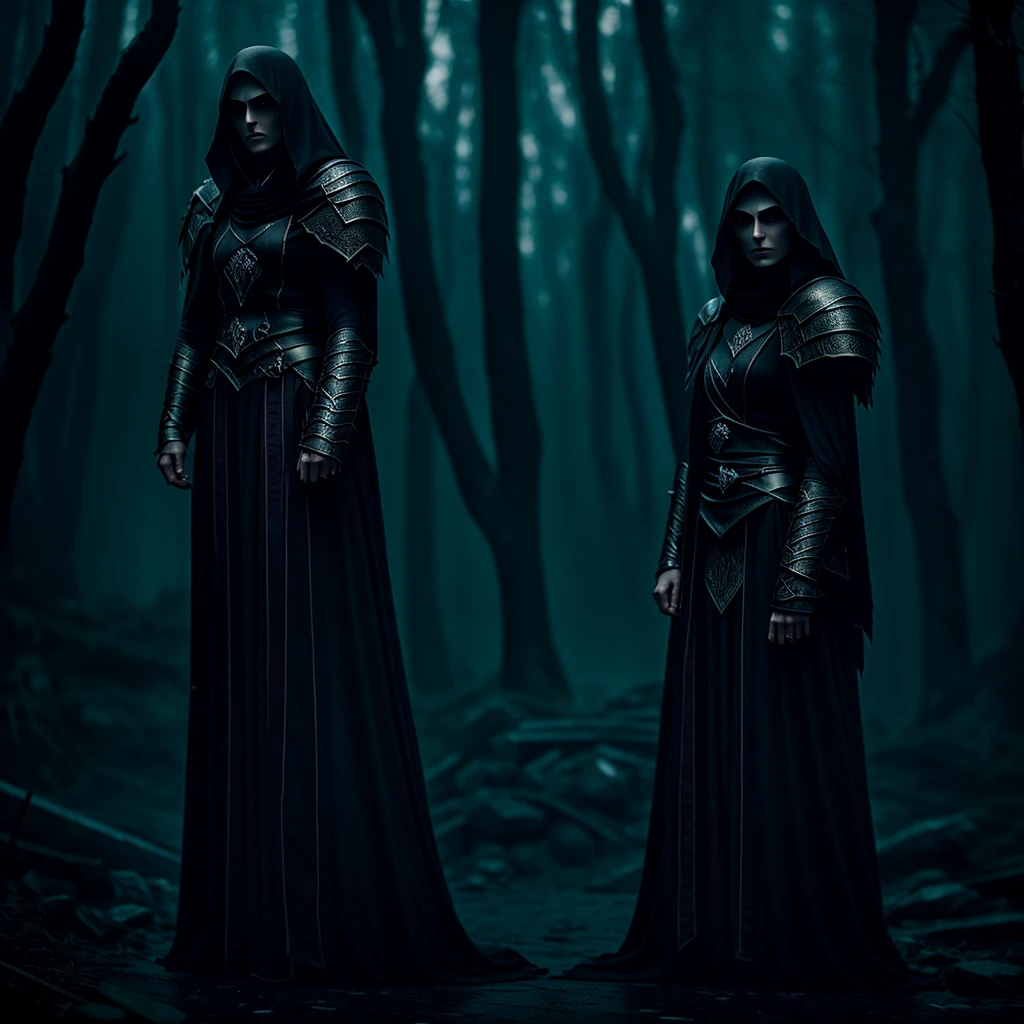 Tall old strong yet slim queen in a decrepit and old skin tight full body metallic ornamental magic armor with blue lights, with a fully enclosed knight helmet, (((dark black void for a face))), long white unkept hair, standing in the middle of a destroyed and abandoned throne room at night, huge breast, wide hips, thick thighs, narrow waist, (((in the dark))), ((moon light)), full body, ((((no face)))), ((((faceless))))