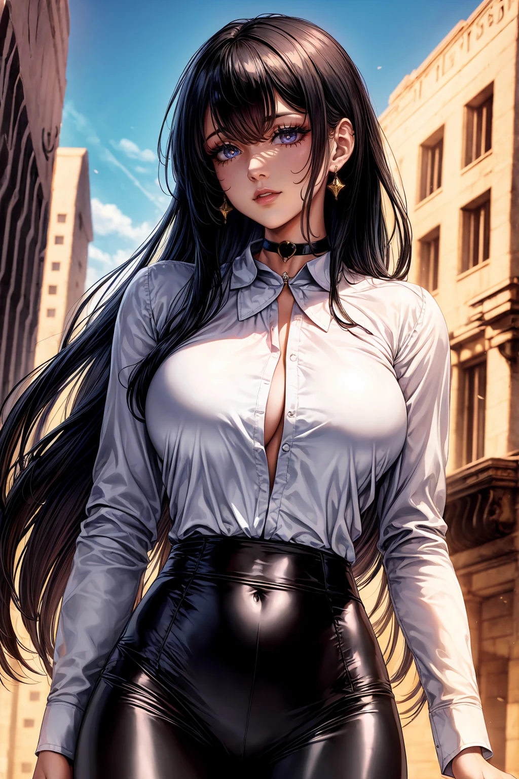 (strong and bright eyes)beautiful, beautiful woman, perfect anatomy, perfect body, perfect breasts, choker:1.6, captivating look, slight smile, realism, Masterpiece, Rough skin , super detailed, high detail, high quality, 最high quality, 1080P, 16k, realist, 1 girl, (black fur:1.6, Waist length hair), crop top, shiny black leggings, chapped lips, blush, evening, flores, sun, sunlighT, (in underwear), (White long sleeve collar shirt:1.4), shy