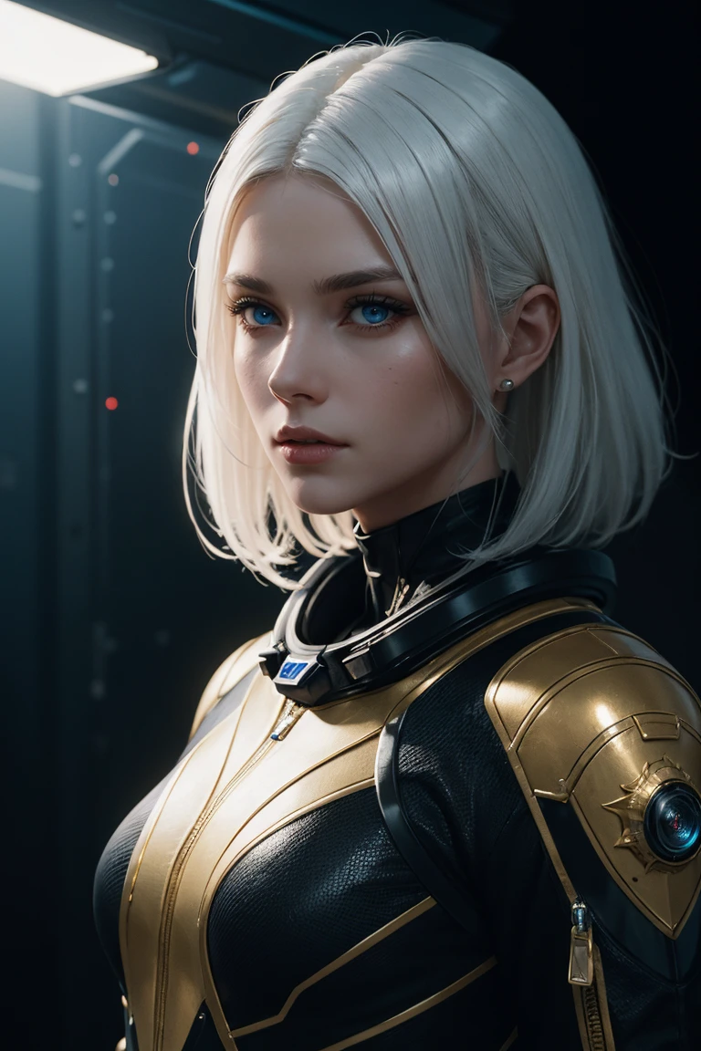 a woman with golden-white hair, blue eyes, wearing a black spacesuit, highly detailed, cinematic lighting, photorealistic, 8k, masterpiece, sharp focus, extreme detail, vibrant colors, dramatic lighting, elegant pose, serene expression, futuristic sci-fi setting, advanced technology in background, volumetric fog, depth of field, intricate details