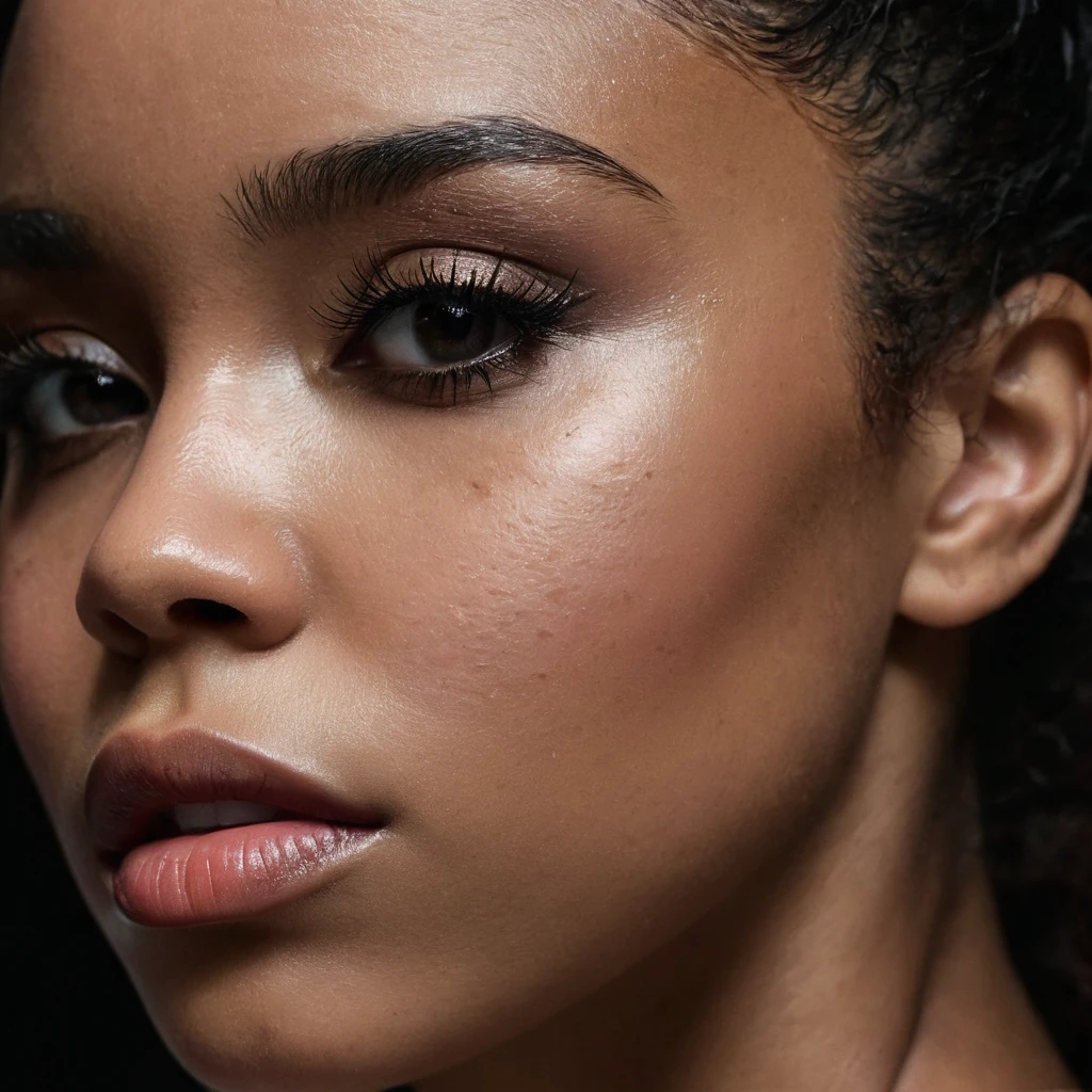 close up and zoomed in on a beautiful depressed emotional sad crying black girl and a black background, sad, depressed, emotional, close up on side profile only showing cheek and eyelight falling on face, noir photorealism, mysterious portrait of a woman, chiaroscuro portrait, close up on side profile, tinashe, zoe kravitz, zoomed in on tear drop, euphoria vibes, black and white, dark