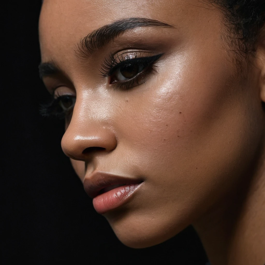 close up and zoomed in on a beautiful depressed emotional sad crying black girl and a black background, sad, depressed, emotional, close up on side profile only showing cheek and eyelight falling on face, noir photorealism, mysterious portrait of a woman, chiaroscuro portrait, close up on side profile, tinashe, zoe kravitz, zoomed in on tear drop, euphoria vibes, black and white, dark