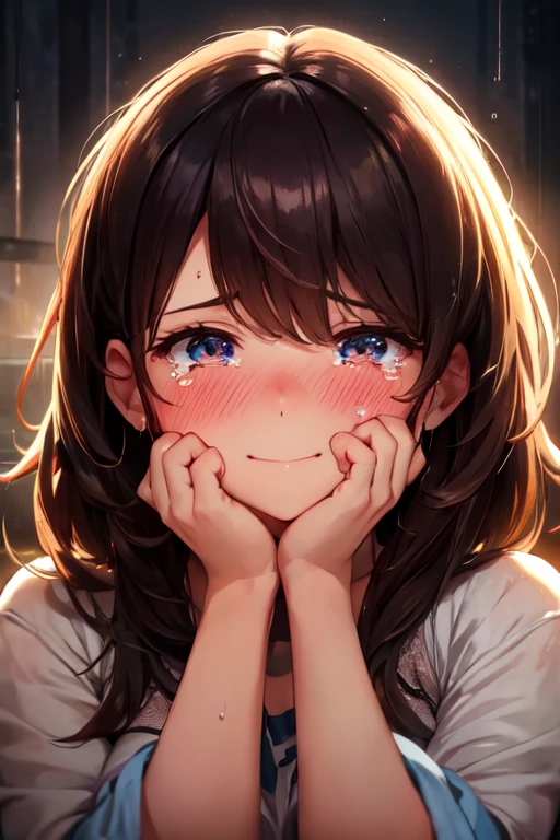 (high quality, high resolution, fine details), realist, colorful background, woman crying hard, tears running down her face, sobbing uncontrollably, palms pressed against his cheeks, wet cheeks, Alone, curvy woman, messy hair, crying eyes, (detailed eyes), SMILE, blush, sweat, Oily skin, shallow depth of field, foggy atmosphere, deeply moving scene, dark and dramatic lighting