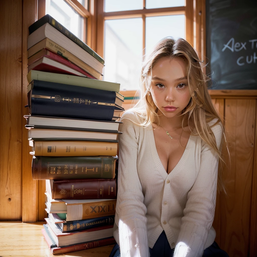 Realistic photo of a beautiful 18 year old (((ALEXIS-REN))), (best quality,ultra-detailed,realistic:1.2),beautiful detailed eyes,beautiful detailed lips, blonde hair, student, classroom, learning, sitting at desk, books, teacher, pencil, school girl skirt outfit