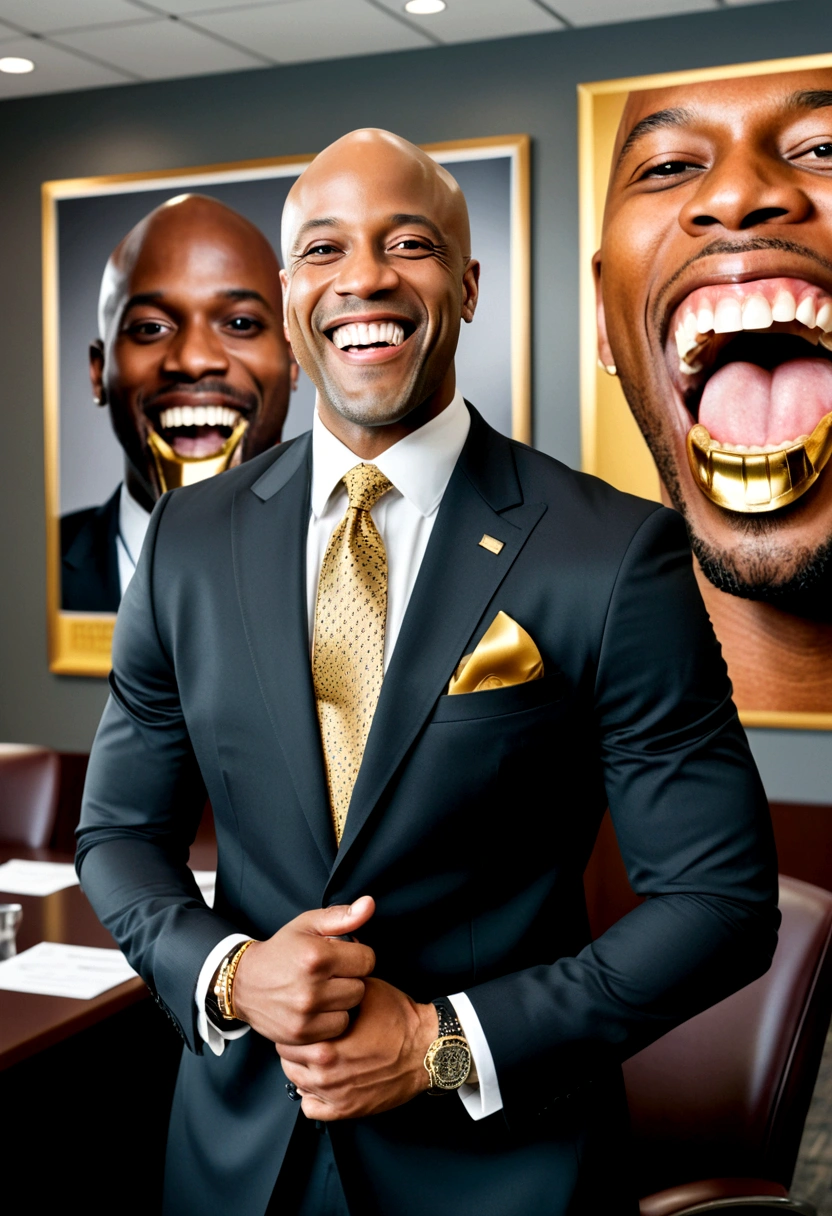 bald black man hip hop executive in suit and tie in large conference room with posters. ((he is smiling with a gold tooth in his mouth:1.2))