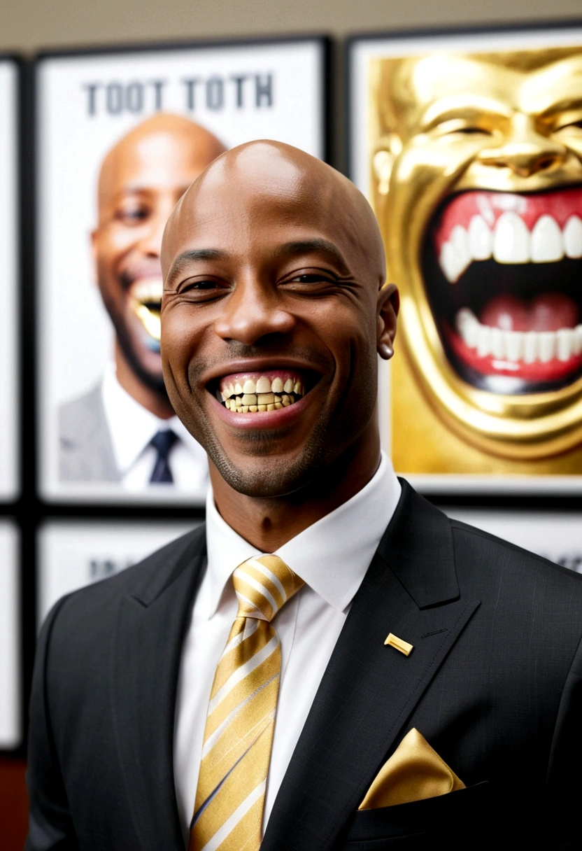 bald black man hip hop executive in suit and tie in large conference room with posters. ((he is smiling with a gold tooth in his mouth:1.2))