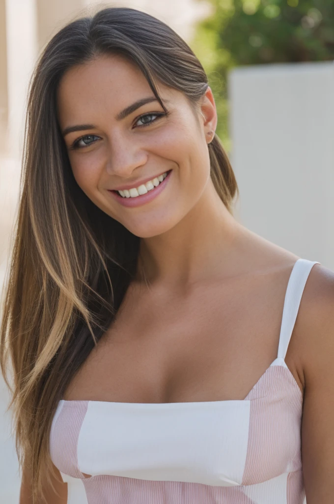 magnifique brune , 25 ans, Visite d’une ferme, Sourire léger, flirter avec la caméra, sexy pose, UHD, Lumière cinématographique, habillé, (vêtements tendance:1.3), clivage, 95D, chevaux fond flou