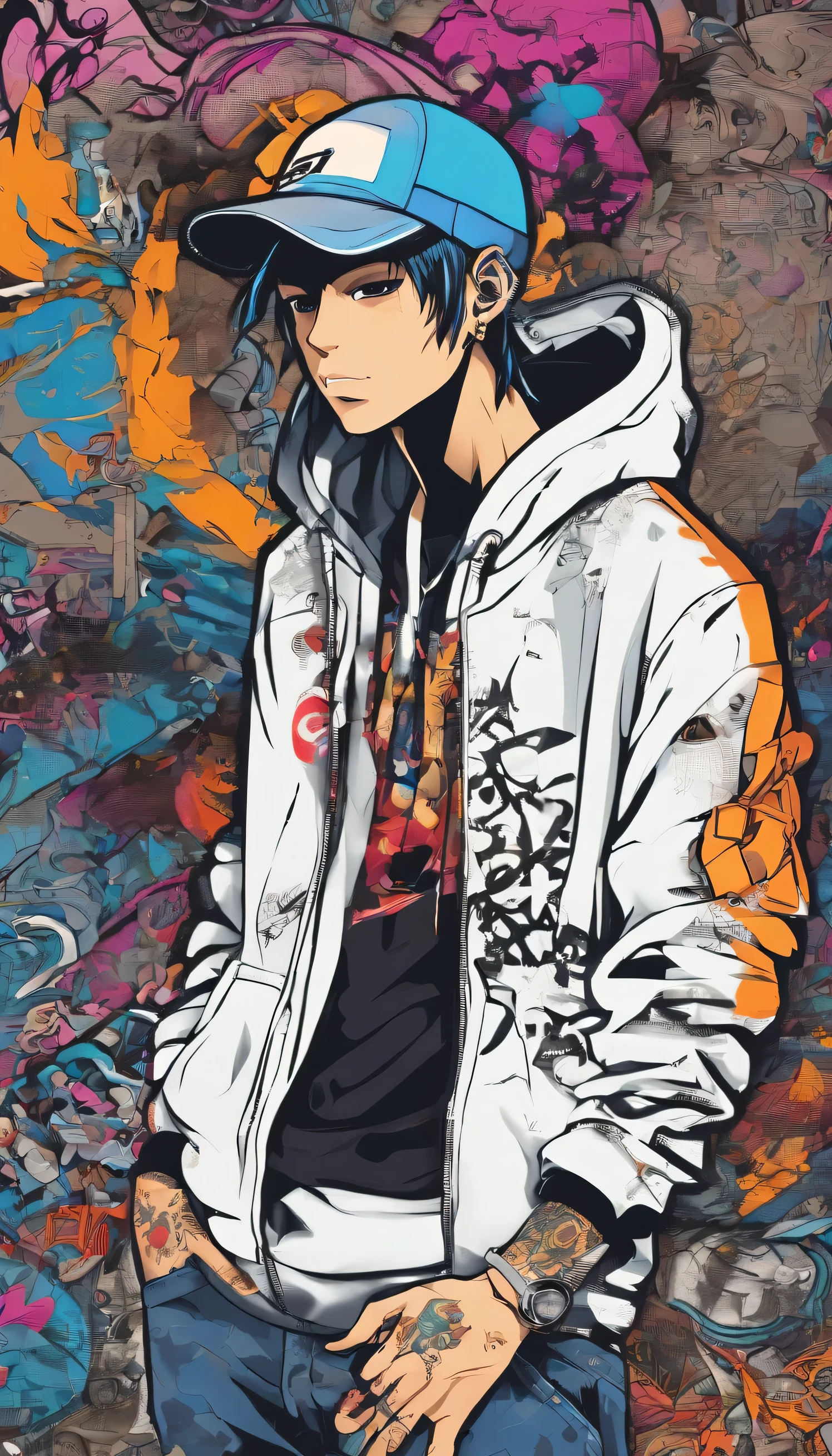 A cool and trendy rapper, brown hair, brown eyes, wearing trendy hip hop clothing, wearing a hoodie, graphic t-shirt and torn jeans, tons of tattoos and piercings, graffiti style background, highly detailed background, perfect masterpiece, high quality, high resolution