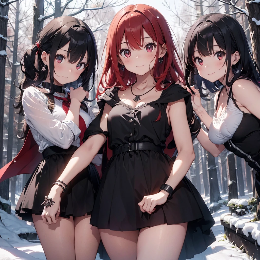 a group of beautiful witch girls in the middle of a forest in the night,snowy forest, snow, black clothes, black and red clothes, necklaces, girls standing,short skirt, sexy ,exposed shoulders light dress, transparent dress, girls standing in the middle of the forest , bracelets, earrings, completely naked tribal tattoos, three girls, blonde hair, black hair , red hair, smile