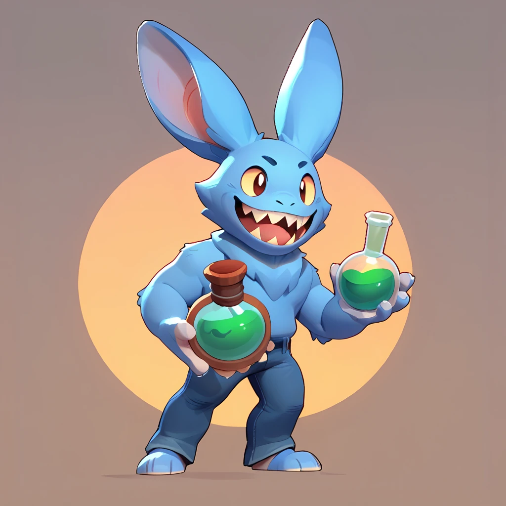 a round creature with blue fur, male, long ears, smiling, sharp teeth, wearing jeans, friendly round creature, holding a green potion in his hand