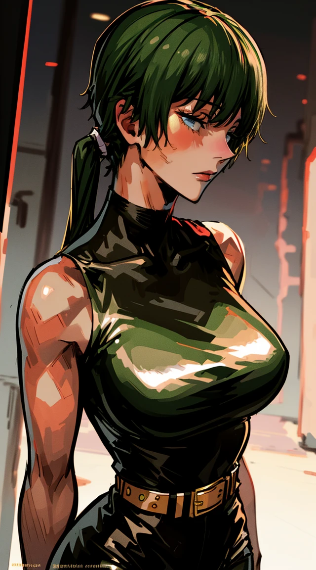best quality, masterpiece, 1girl, (solo:1.1), raytracing, ultra detailed,detailed face, 8k wallpaper, aesthetic background, thin hips, ZeninMakiNDV, 1girl, green hair, yellow eyes, large breast, belt.