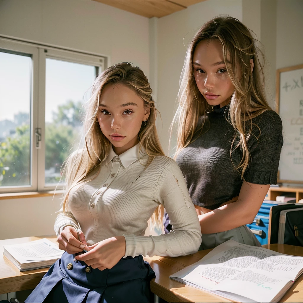 Realistic photo of a beautiful 18 year old (((ALEXIS-REN))), (best quality,ultra-detailed,realistic:1.2),beautiful detailed eyes,beautiful detailed lips, blonde hair, student, classroom, learning, standing near a desk, books, teacher, pencil, school girl skirt outfit