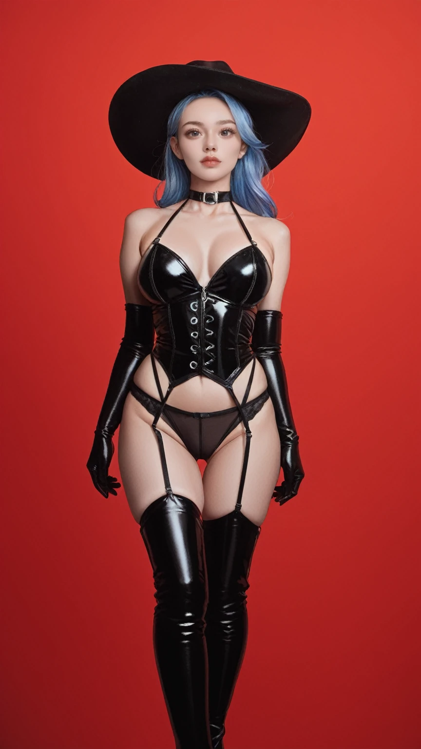 realistic,score_9, score_8_up, score_7_up, red background,1girl,solo,looking at viewer,standing,cowboy shot,large breasts,blue hair,thigh gap,see-through,elbow gloves,black gloves,garter belt,thigh boots,black headwear,white headwear,