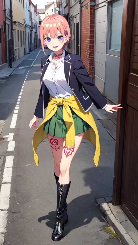 masterpiece, best quality, highres, aaichika, short hair, white shirt, collared shirt, black jacket, blazer, open jacket, long sleeves, clothes around waist, green skirt, pleated skirt, cowboy shot, standing, outdoors, smile, Looking at the audience, 1 personの女の子, alone, (((1 personの女の子))),(((alone))),(((1 person))).loafers、Black socks、女の子1 person, whole body,（look up:1.4） alley, お inquiry, Talk to your audience、Are Are standing、, 1 Girl}} Are standing,,{View Audience,, tattoo, High heels, saliva, tattoo、顔を強調するAre standing、shaving, (下腹部のtattoo:1.5), (ハートのtattoo:1.5), (belly button: 1.1), 女の子1 person, whole body,Choker expressionless、（Black knee-length socks:1.4）Micro Mini Skirt, collar, Chain Necklaces, The valley, alley, inquiry, Talk to your audience、 口を閉じて Are Are standing、View your viewers,, tattoo, High heels, but, belly button, smile, Purple Lipstick、saliva, tattoo、（濃いPurple Lipstick、Purple lips）Leather long boots、