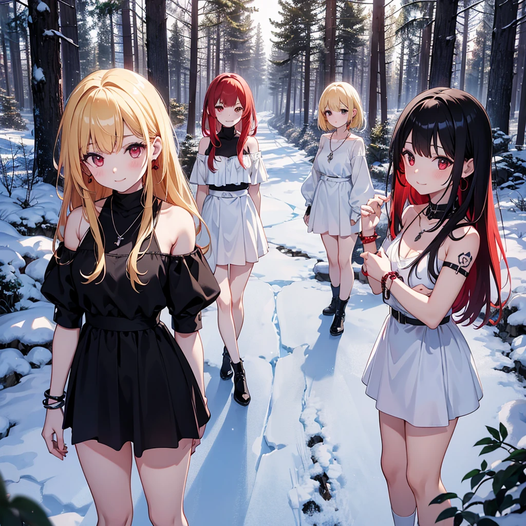 a group of beautiful witch girls in the middle of a forest in the night,snowy forest, snow, black clothes, black and red clothes, necklaces, girls standing,short skirt, sexy ,exposed shoulders light dress, transparent dress, girls standing in the middle of the forest , bracelets, earrings, completely naked tribal tattoos, three girls, blonde hair, black hair , red hair, smile