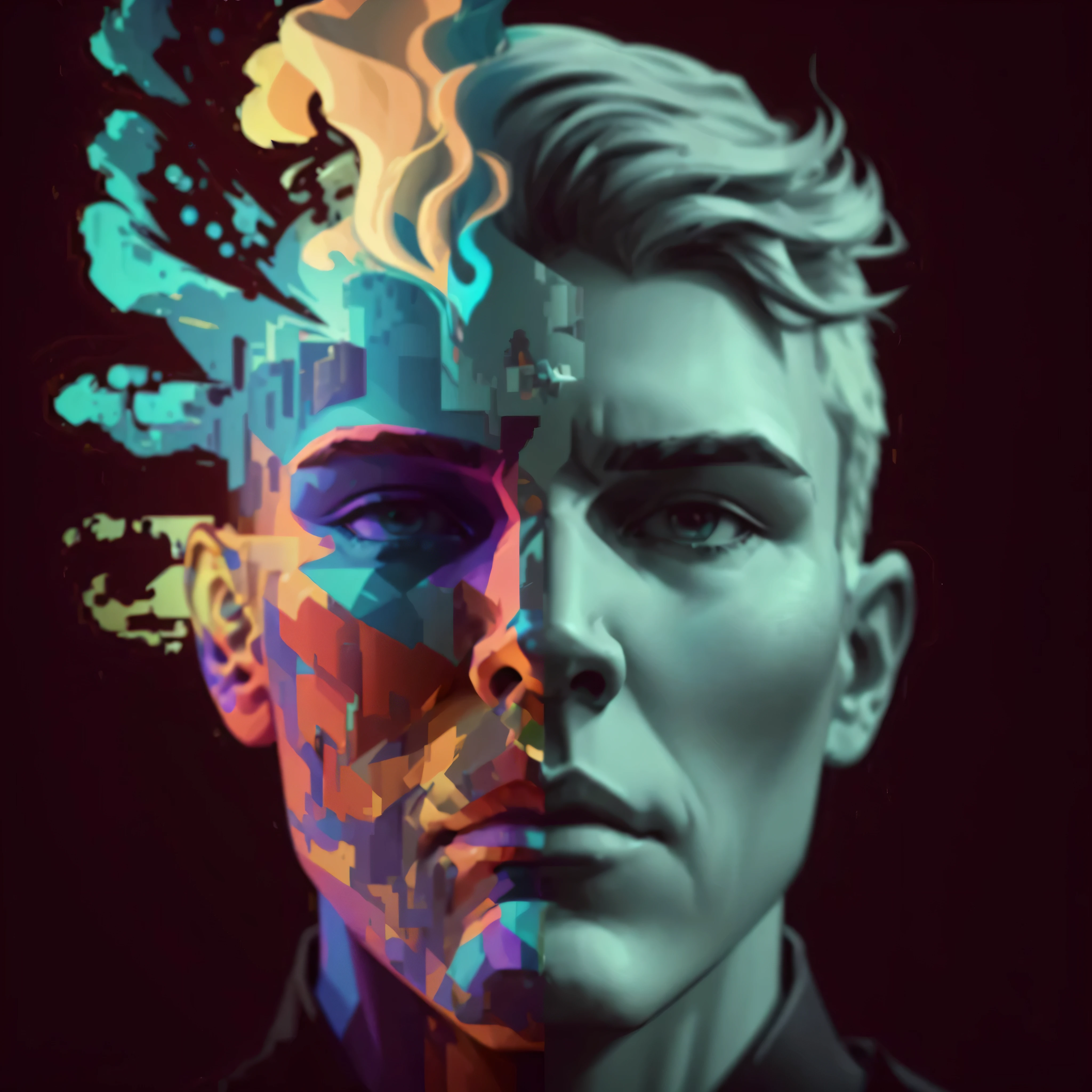 a statue with a colorful face, digital arts, artistic 4k, male art, amazing digital art, liam brazier and nielly, inspired by Adrian Zingg, digital art, digital art, beeple. hyperrealism, surrealism 8k, inspiring digital art, surreal portrait, digital art. artstation, wallpaper 4k