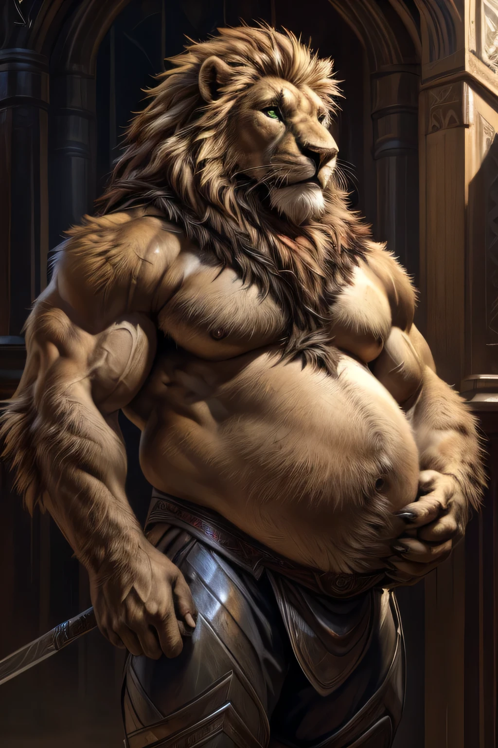 Lion, mong blond mane, black beard, green eyes, realistic eyes, posted on e621, furry body, anthro body, anthro lion, claws on hands, pws realistic, lion, solo, male, adult, masculine, (very very fat and big belly, very fat body, arm muscles, buff:1.2), correct anatomy, (photorealistic fur, detailed fur, epic, masterpiece:1.2), knight armor, lion chevalier, in the montaines, luminous, (by echin, by Taran Fiddler, by Juiceps, by Rukis), (detailed eyes:1.2), impressive physique, flexing biceps with one arm with a sword, seductive face, face portrait realistic