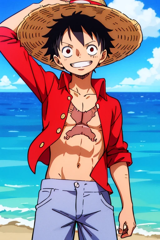 A highly detailed illustration of ey d luffy, wearing a straw hat, scar under left eye, smiling, teeth, cowboy shot, looking at viewer, black pants, red open shirt, sea in background, red "X" scar on chest