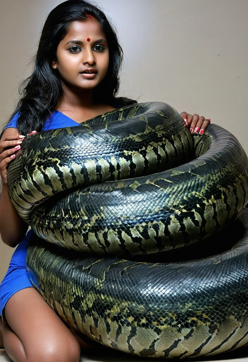 Pregnant Happy Horny, aroused 1girl), beautiful kneeling Indian young girl with giant colossal black titanboa squeezing her hard, wrapped in thick spiraling coils, constricted, struggle, gasping for air, snake attack, snake peril, moonless night, dim light