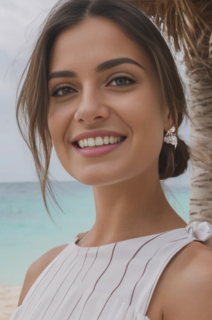gorgeous, beautiful 21 years old, brunette with white stripes and small braids, closeup portait, face and breasts photograph, hot girl, she's in the beach, (((wearing a cute dress))), (((perfect eyes))), she is smiling, perfect teeth, huge breasts, E cup size, detailed skin, realistic, photo-realistic, 8k sharp focus, highly detailed, full length frame, High detail RAW color art, piercing, diffused soft lighting, shallow depth of field, sharp focus, hyperrealism, cinematic lighting, big smile